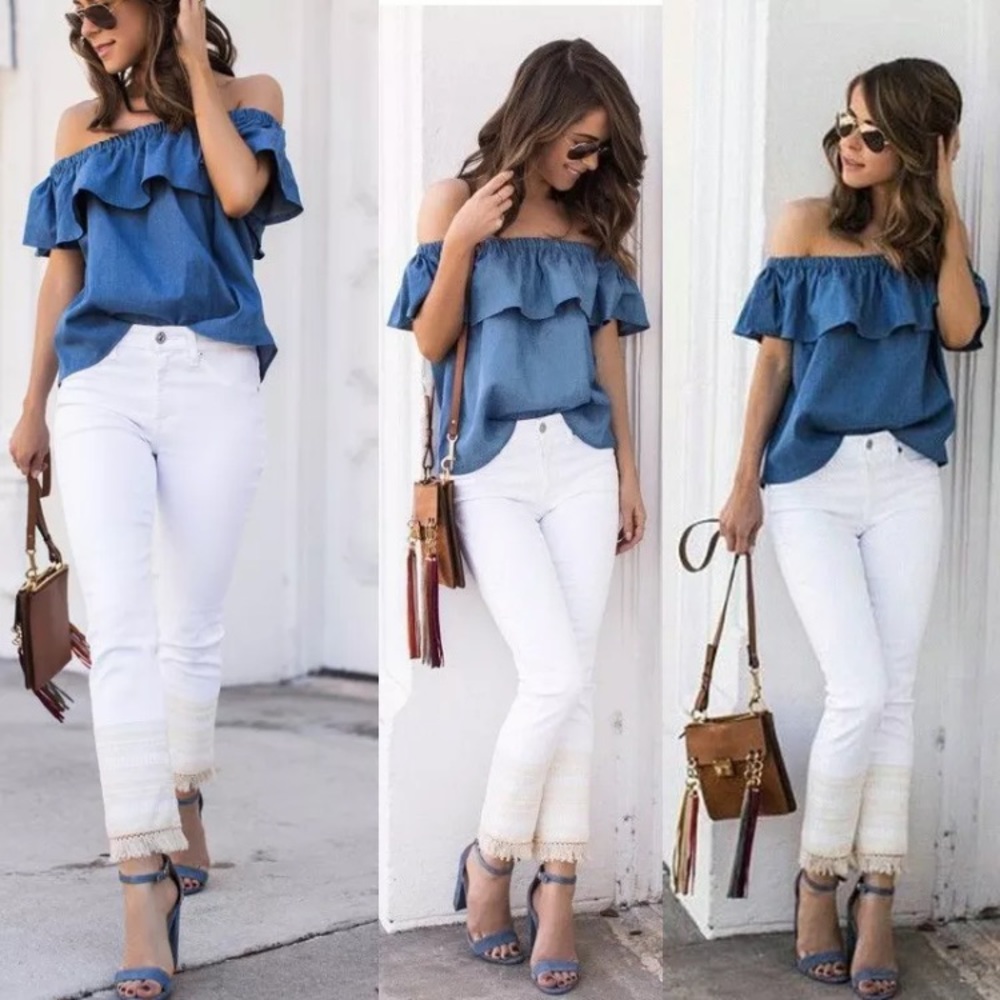 Sexy Off Shoulder Tops Casual Cotton Denim Blouse